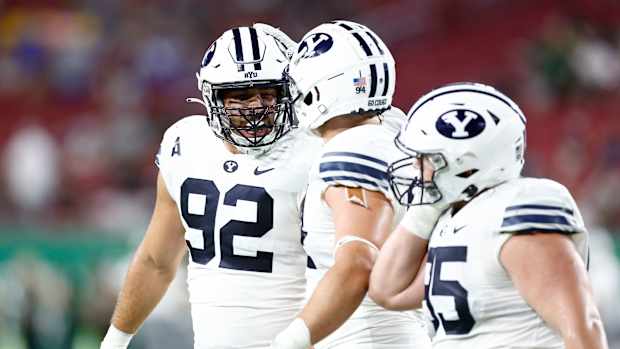 Sep 3, 2022; Tampa, Florida, USA; Brigham Young Cougars defensive lineman Tyler Batty (92) reacts against the South Florida Bulls during the second half at Raymond James Stadium. Mandatory Credit: Douglas DeFelice-USA TODAY Sports