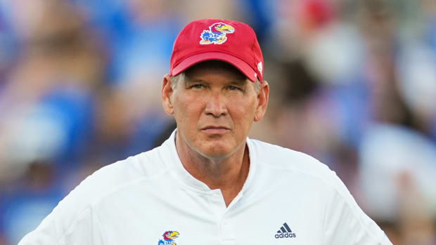 Sep 2, 2022; Lawrence, Kansas, USA; Kansas Jayhawks head coach Lance Leipold watches warmups before a game against the Tennessee Tech Golden Eagles at David Booth Kansas Memorial Stadium. Mandatory Credit: Jay Biggerstaff-USA TODAY Sports