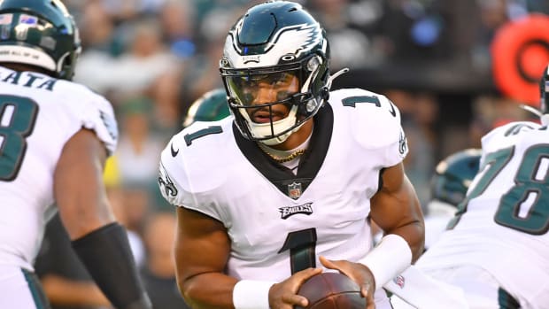 Aug 12, 2022; Philadelphia, Pennsylvania, USA; Philadelphia Eagles quarterback Jalen Hurts (1) against the New York Jets at Lincoln Financial Field.