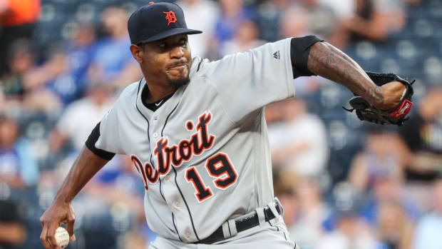 Tigers starting pitcher Edwin Jackson (19) throw a pitch during the first inning of a game against the Royals.