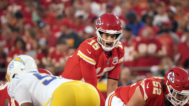 Sep 15, 2022; Kansas City, Missouri, USA; Kansas City Chiefs quarterback Patrick Mahomes (15) calls out the play before the snap against the Los Angeles Chargers during the first half at GEHA Field at Arrowhead Stadium. Mandatory Credit: Denny Medley-USA TODAY Sports