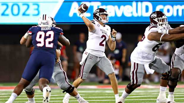 Sep 10, 2022; Tucson, Arizona, USA; Mississippi State Bulldogs quarterback Will Rogers (2) throws a pass during the first half against the Arizona Wildcats at Arizona Stadium.