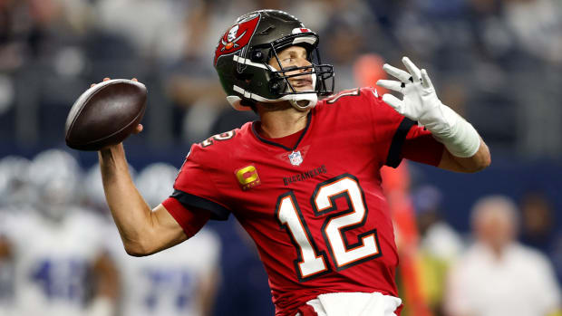Sep 11, 2022; Arlington, Texas, USA; Tampa Bay Buccaneers quarterback Tom Brady (12) throws a pass in the game against the Dallas Cowboys at AT&T Stadium.