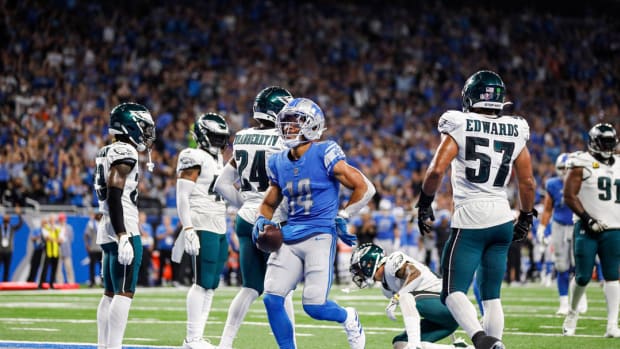 Detroit Lions wide receiver Amon-Ra St. Brown scores a touchdown against the Philadelphia Eagles