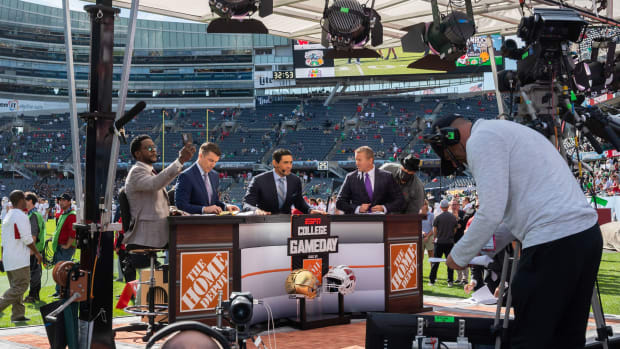 Sep 25, 2021; Chicago, Illinois, USA; The ESPN College Gameday team is seen on their studio set prior a game before the Notre Dame Fighting Irish and the Wisconsin Badgers at Soldier Field. Mandatory Credit: Patrick Gorski-USA TODAY Sports