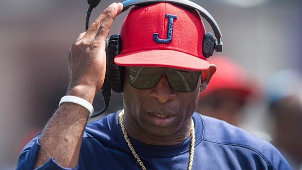 Jackson State coach Deion Sanders works the game against Grambling State during an NCAA college football game in Jackson, Miss., Saturday, Sept. 17, 2022. Tcl Grambling Jackson State