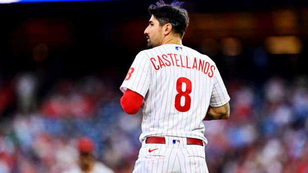 Jun 10, 2022; Philadelphia, Pennsylvania, USA; Philadelphia Phillies designated hitter Nick Castellanos (8) looks on against the Arizona Diamondbacks after second inning at Citizens Bank Park.