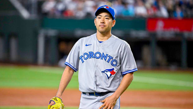 Sep 11, 2022; Arlington, Texas, USA; Toronto Blue Jays starting pitcher Yusei Kikuchi (16) in action during the game between the Texas Rangers and the Toronto Blue Jays at Globe Life Field.