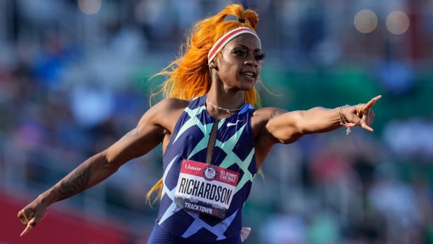 United States sprinter Sha’Carri Richardson celebrates after winning the first heat of the semis finals in women’s 100-meter run at the U.S. Olympic Track and Field Trials on June 19, 2021.