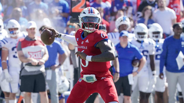 Sep 24, 2022; Lawrence, Kansas, USA; Kansas Jayhawks quarterback Jalon Daniels (6) throws a pass against the Duke Blue Devils during the first half of the game at David Booth Kansas Memorial Stadium.