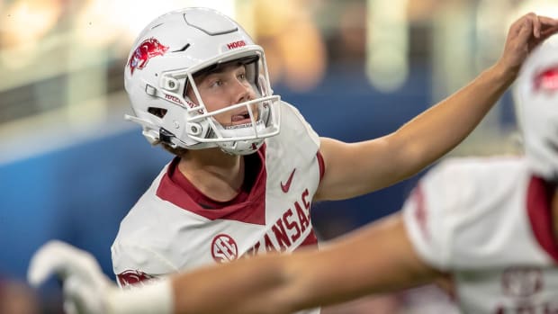 Razorbacks kicker Cam Little kicks a field goal during a 23-21 loss to Texas A&M