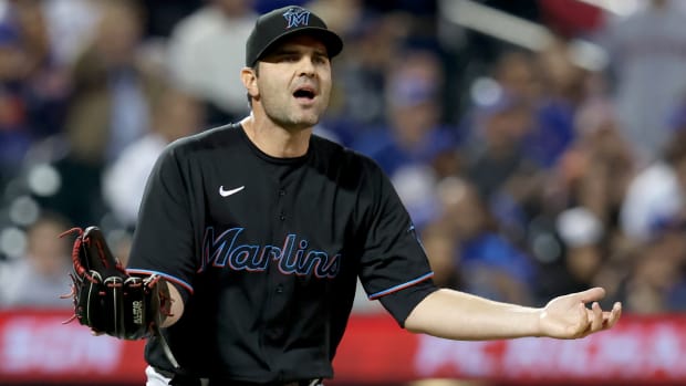 Marlins reliever Richard Bleier argues a balk call against the Mets.