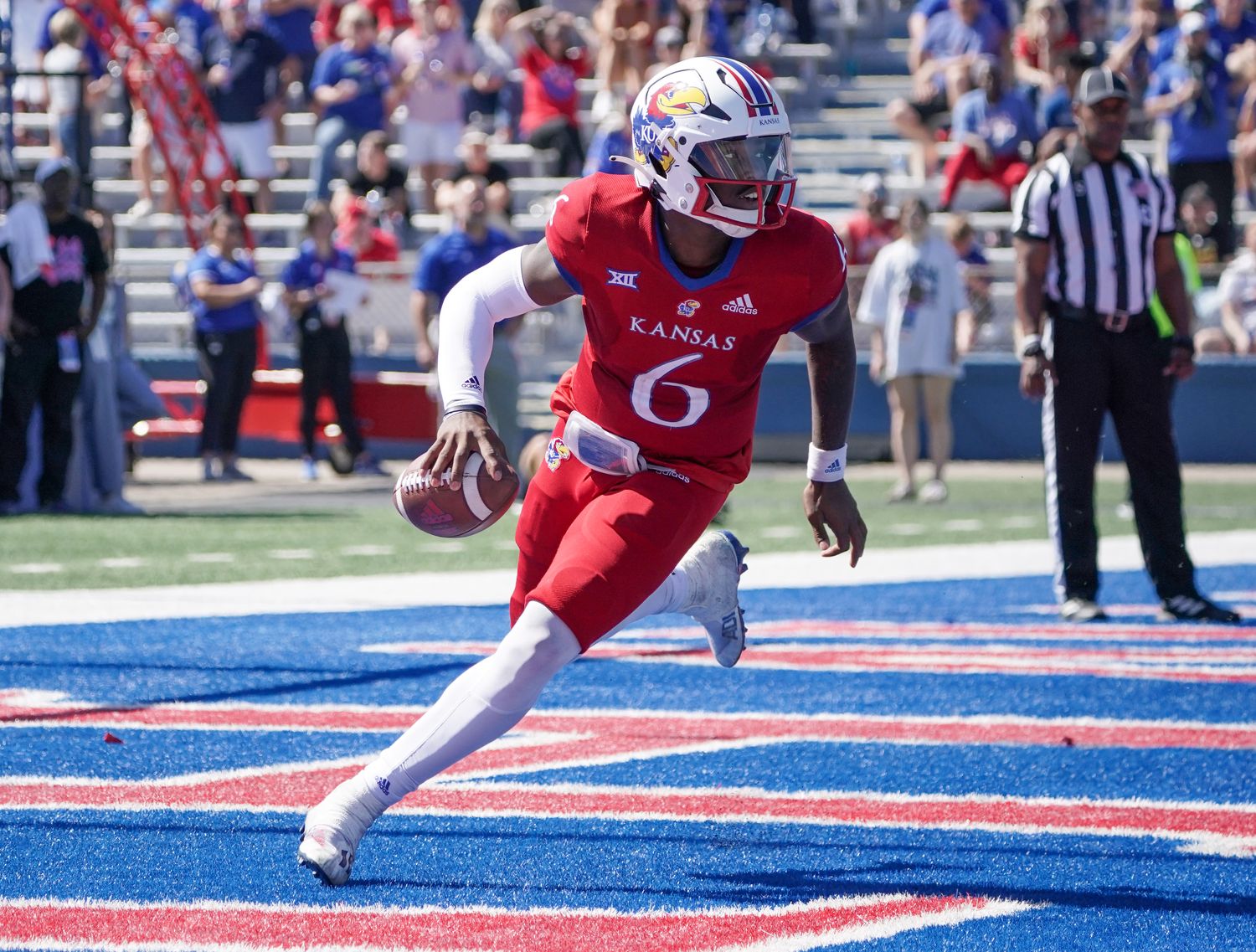 Sep 24, 2022; Lawrence, Kansas, USA; Kansas Jayhawks quarterback Jalon Daniels (6) drops back to pass against the Duke Blue Devils during the second half of the game at David Booth Kansas Memorial Stadium. Mandatory Credit: Denny Medley-USA TODAY Sports