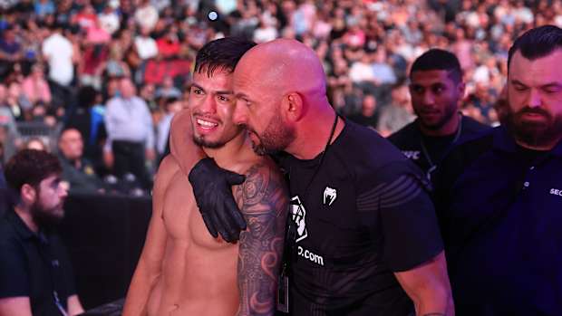 Brandon Royval celebrates his victory by submission against Matt Schnell during UFC 274 at Footprint Center.