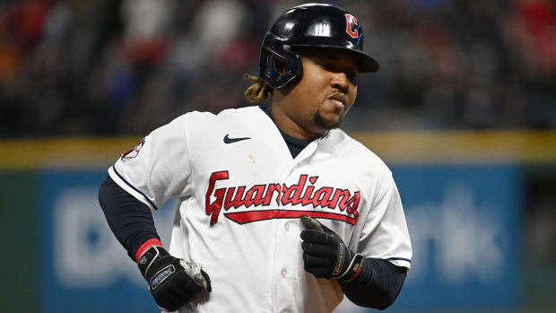 Sep 30, 2022; Cleveland, Ohio, USA; Cleveland Guardians third baseman Jose Ramirez (11) rounds the bases after hitting a home run during the sixth inning against the Kansas City Royals at Progressive Field.