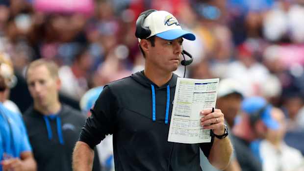 Oct 2, 2022; Houston, Texas, USA; Los Angeles Chargers head coach Brandon Staley reacts during the first half against the Houston Texans at NRG Stadium. Mandatory Credit: Kevin Jairaj-USA TODAY Sports