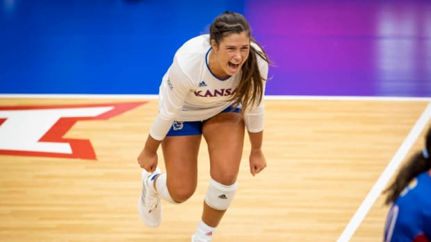 LAWRENCE, KS - September 9, 2022 - during a game between University of Nevada Las Vegas Rebels and the Kansas Jayhawks at Horejsi Family Volleyball Arena in Lawrence, KS. Photo by Kansas Athletics