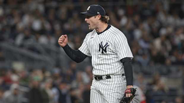 New York Yankees SP Gerrit Cole fist pumps