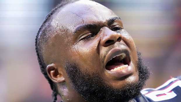 Falcons defensive end Grady Jarrett (97) reacts as he leaves the field after the Falcons defeated the Browns at Mercedes-Benz Stadium.