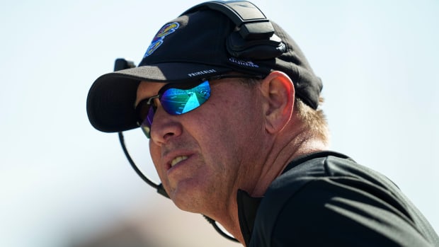 Oct 8, 2022; Lawrence, Kansas, USA; Kansas Jayhawks head coach Lance Leipold reacts during the second half against the TCU Horned Frogs at David Booth Kansas Memorial Stadium. Mandatory Credit: Jay Biggerstaff-USA TODAY Sports