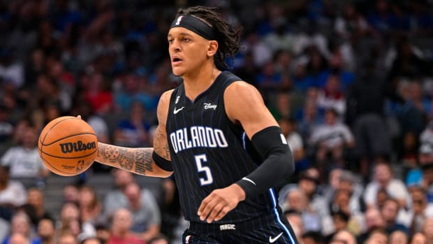 Oct 7, 2022; Dallas, Texas, USA; Orlando Magic forward Paolo Banchero (5) in action during the game between the Dallas Mavericks and the Orlando Magic at the American Airlines Center.
