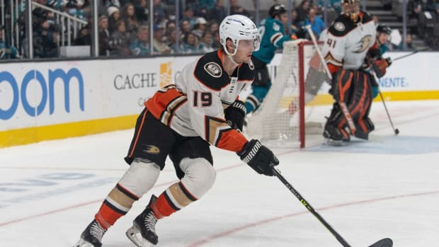 Apr 26, 2022; San Jose, California, USA; Anaheim Ducks right wing Troy Terry (19) controls the puck during the second period against the San Jose Sharks at SAP Center at San Jose. Mandatory Credit: Stan Szeto-USA TODAY Sports