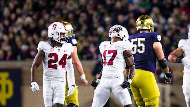 Stanford defensive back Kyu Blu Kelly (17) and Stanford safety Patrick Fields (24) celebrate during the Notre Dame vs. Stanford NCAA football game Saturday, Oct. 15, 2022 at Notre Dame Stadium in South Bend