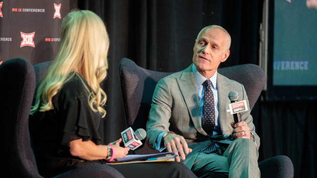 Oct 18, 2022; Kansas City, Missouri, US; Big 12 commissioner Brett Yormark interviewed during the womens Big 12 Basketball Tipoff event at the T-Mobile Center. Mandatory Credit: William Purnell-USA TODAY Sports