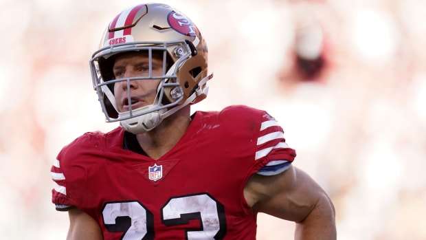 San Francisco 49ers running back Christian McCaffrey (23) jogs towards the sideline after a play against the Kansas City Chiefs in the fourth quarter at Levi's Stadium.