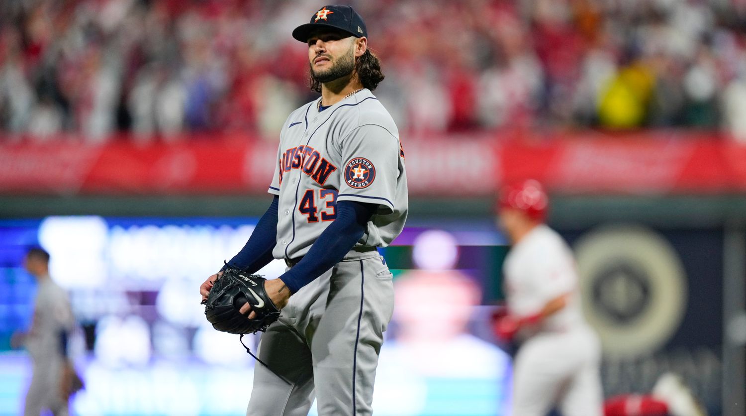 Astros pitcher Lance McCullers reacts to giving up a home run to the Phillies.