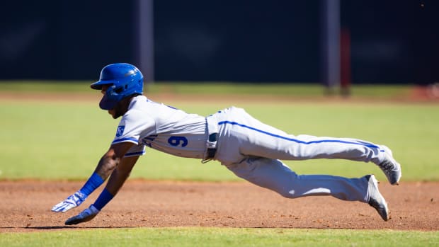 Oct 7, 2022; Peoria, Arizona, USA; Kansas City Royals infielder Samad Taylor (9) plays for the Surprise Saguaros during an Arizona Fall League baseball game at Peoria Sports Complex. Mandatory Credit: Mark J. Rebilas-USA TODAY Sports