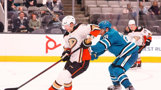 Nov 1, 2022; San Jose, California, USA; Anaheim Ducks defenseman John Klingberg (3) controls the puck ahead of San Jose Sharks right wing Timo Meier (28) during the overtime period at SAP Center at San Jose. Mandatory Credit: Kelley L Cox-USA TODAY Sports