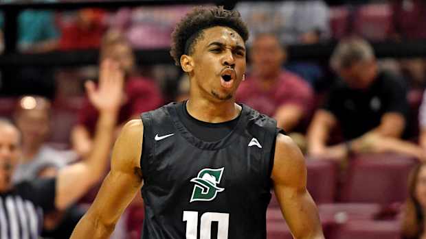 Stetson Hatters guard Cyncier Harrison reacts during game against Florida State