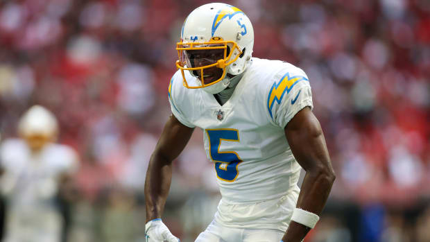 Nov 6, 2022; Atlanta, Georgia, USA; Los Angeles Chargers wide receiver Joshua Palmer (5) reacts after a catch against the Atlanta Falcons in the second half at Mercedes-Benz Stadium. Mandatory Credit: Brett Davis-USA TODAY Sports