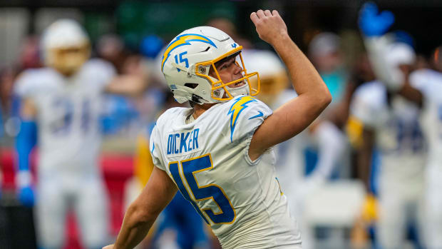 Nov 6, 2022; Atlanta, Georgia, USA; Los Angeles Chargers place kicker Cameron Dicker (15) watches his game winning field goal against the Atlanta Falcons during the second half at Mercedes-Benz Stadium. Mandatory Credit: Dale Zanine-USA TODAY Sports