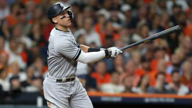 Yankees slugger Aaron Judge finishes a swing