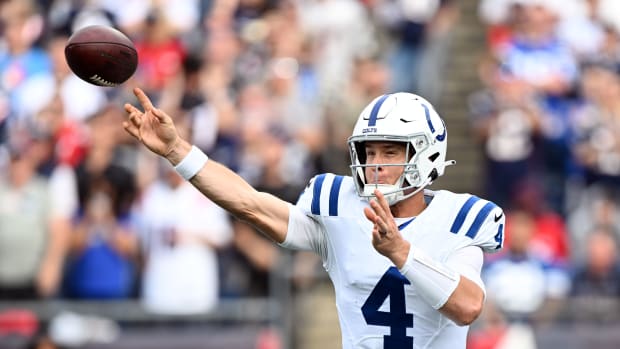 Nov 6, 2022; Foxborough, Massachusetts, USA; Indianapolis Colts quarterback Sam Ehlinger (4) throws the ball against the New England Patriots during the first half at Gillette Stadium. Mandatory Credit: Brian Fluharty-USA TODAY Sports