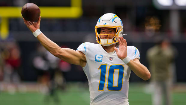 Nov 6, 2022; Atlanta, Georgia, USA; Los Angeles Chargers quarterback Justin Herbert (10) warms up prior to the game against the Atlanta Falcons at Mercedes-Benz Stadium. Mandatory Credit: Dale Zanine-USA TODAY Sports
