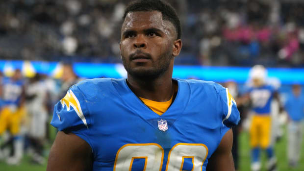 Oct 4, 2021; Inglewood, California, USA; Los Angeles Chargers defensive tackle Jerry Tillery (99) reacts after defeating the Las Vegas Raiders at SoFi Stadium. Mandatory Credit: Kirby Lee-USA TODAY Sports