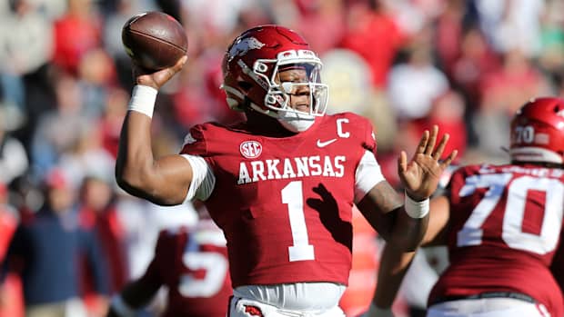 Arkansas quarterback KJ Jefferson attempts a pass.