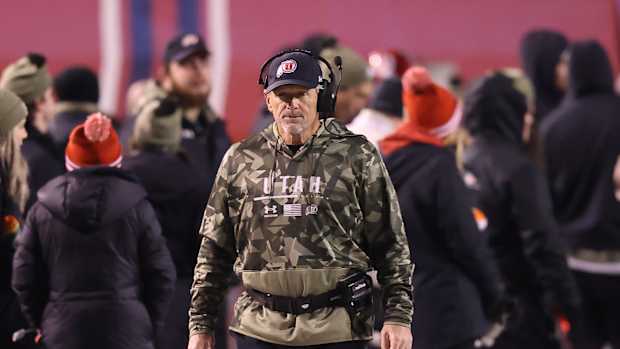 Utah Utes head coach Kyle Whittingham looks on during a play against the Stanford Cardinal in the fourth quarter at Rice-Eccles Stadium.