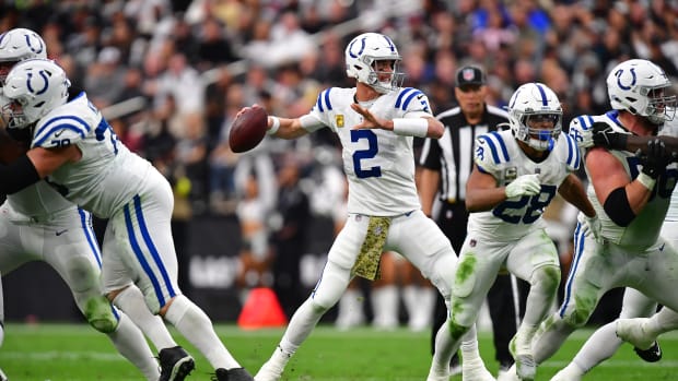 Nov 13, 2022; Paradise, Nevada, USA; Indianapolis Colts quarterback Matt Ryan (2) throws against the Las Vegas Raiders during the first half at Allegiant Stadium. Mandatory Credit: Gary A. Vasquez-USA TODAY Sports