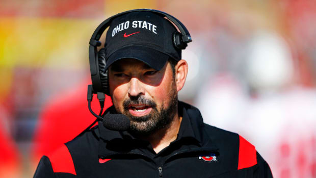 Ohio State head coach Ryan Day against Rutgers during an NCAA football game, Saturday, Oct. 2, 2021, in Piscataway, N.J. (AP Photo/Noah K. Murray)