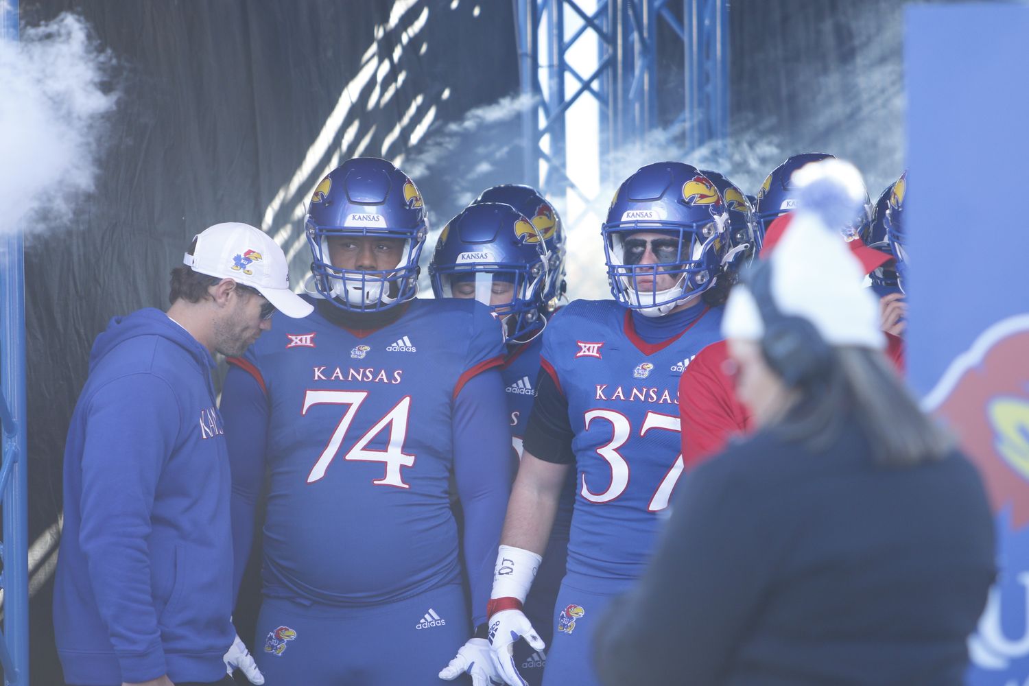 The Kansas Jayhawks prepare to take the field against the Texas Longhorns  in David Booth Kansas Memorial Stadium on November 19, 2022.