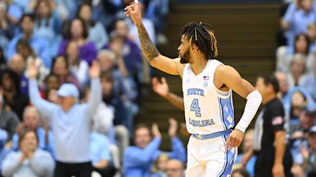 Nov 20, 2022; Chapel Hill, North Carolina, USA; North Carolina Tar Heels guard R.J. Davis (4) reacts in the first half at Dean E. Smith Center