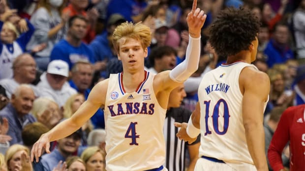 Nov 18, 2022; Lawrence, Kansas, USA; Kansas Jayhawks guard Gradey Dick (4) celebrates after a score against the Southern Utah Thunderbirds during the first half at Allen Fieldhouse. Mandatory Credit: Denny Medley-USA TODAY Sports