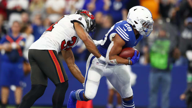 Indianapolis Colts running back Jonathan Taylor (28) goes in for a late game touchdown Sunday, Nov. 28, 2021, during a game against the Tampa Bay Buccaneers at Lucas Oil Stadium in Indianapolis.