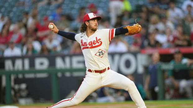 Sep 16, 2022; Anaheim, California, USA; Los Angeles Angels starting pitcher Michael Lorenzen (25) throws in the first inning against the Seattle Mariners at Angel Stadium. Mandatory Credit: Kirby Lee-USA TODAY Sports