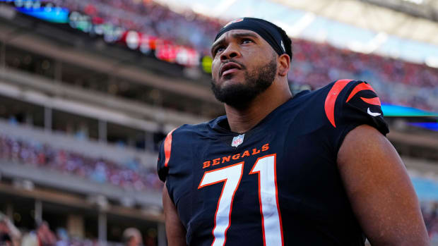 Oct 7, 2022; Cincinnati, OH, USA; Cincinnati Bengals offensive tackle La'el Collins (71) walks for the locker room before halftime in the second quarter of the NFL Week 7 game between the Cincinnati Bengals and the Atlanta Falcons at Paycor Stadium in downtown Cincinnati on Sunday, Oct. 23, 2022. The Bengals led 28-17 at halftime.