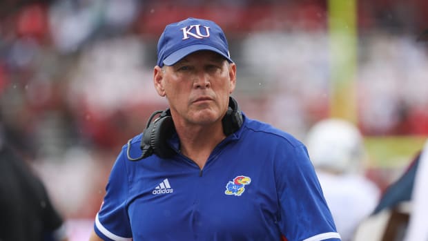 Sep 17, 2022; Houston, Texas, USA; Kansas Jayhawks head coach Lance Leipold on the sideline during the first quarter against the Houston Cougars at TDECU Stadium. Mandatory Credit: Troy Taormina-USA TODAY Sports